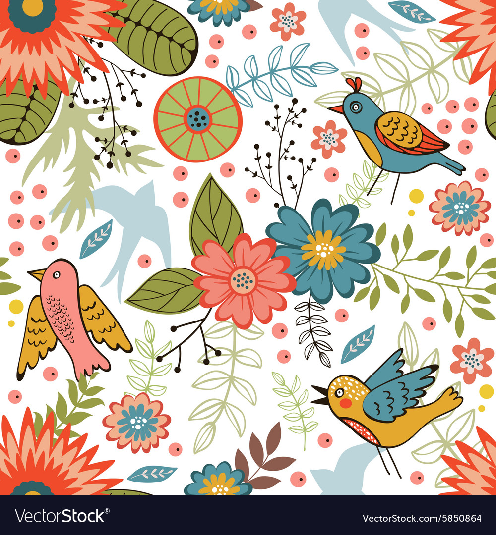 Colorful seamless pattern with birds and blooming Vector Image