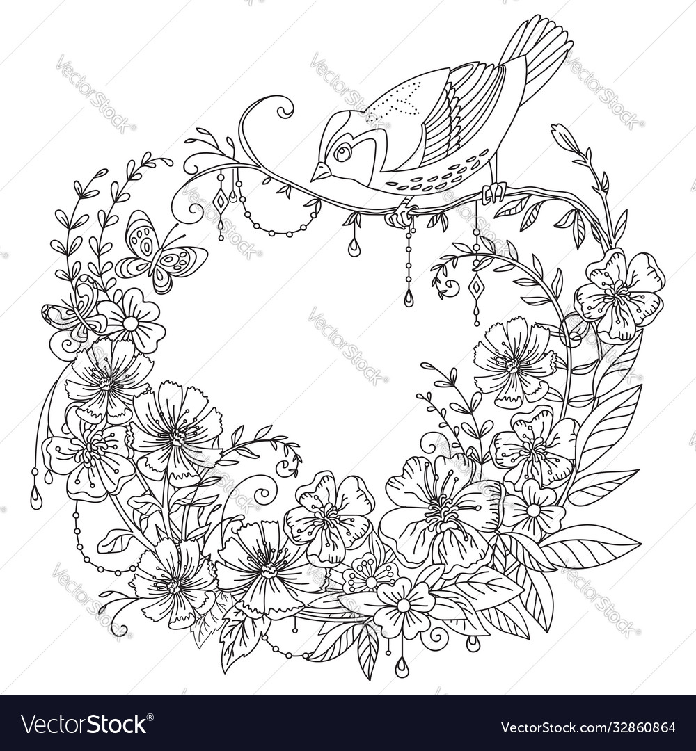 Cute coloring book with a cat in flowers Vector Image