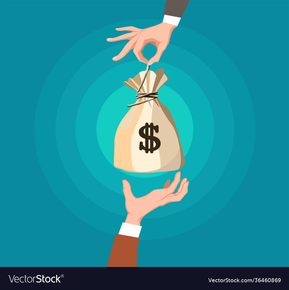 Business man hand gives money bag to another Vector Image