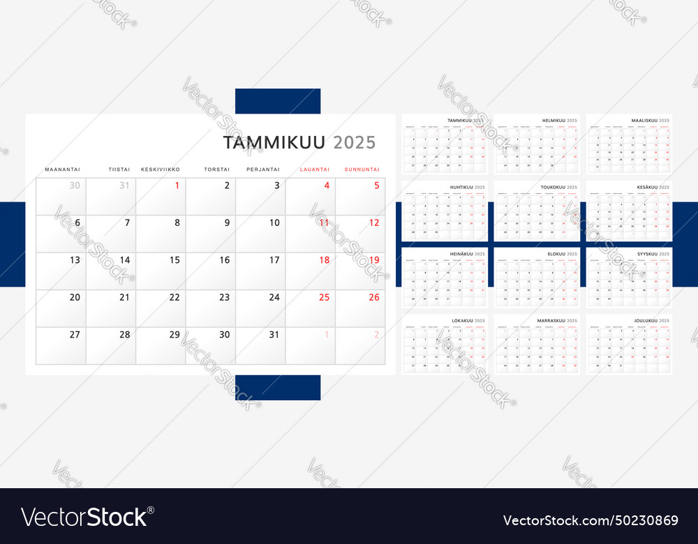 Calendar 2025 in finnish language wall Royalty Free Vector