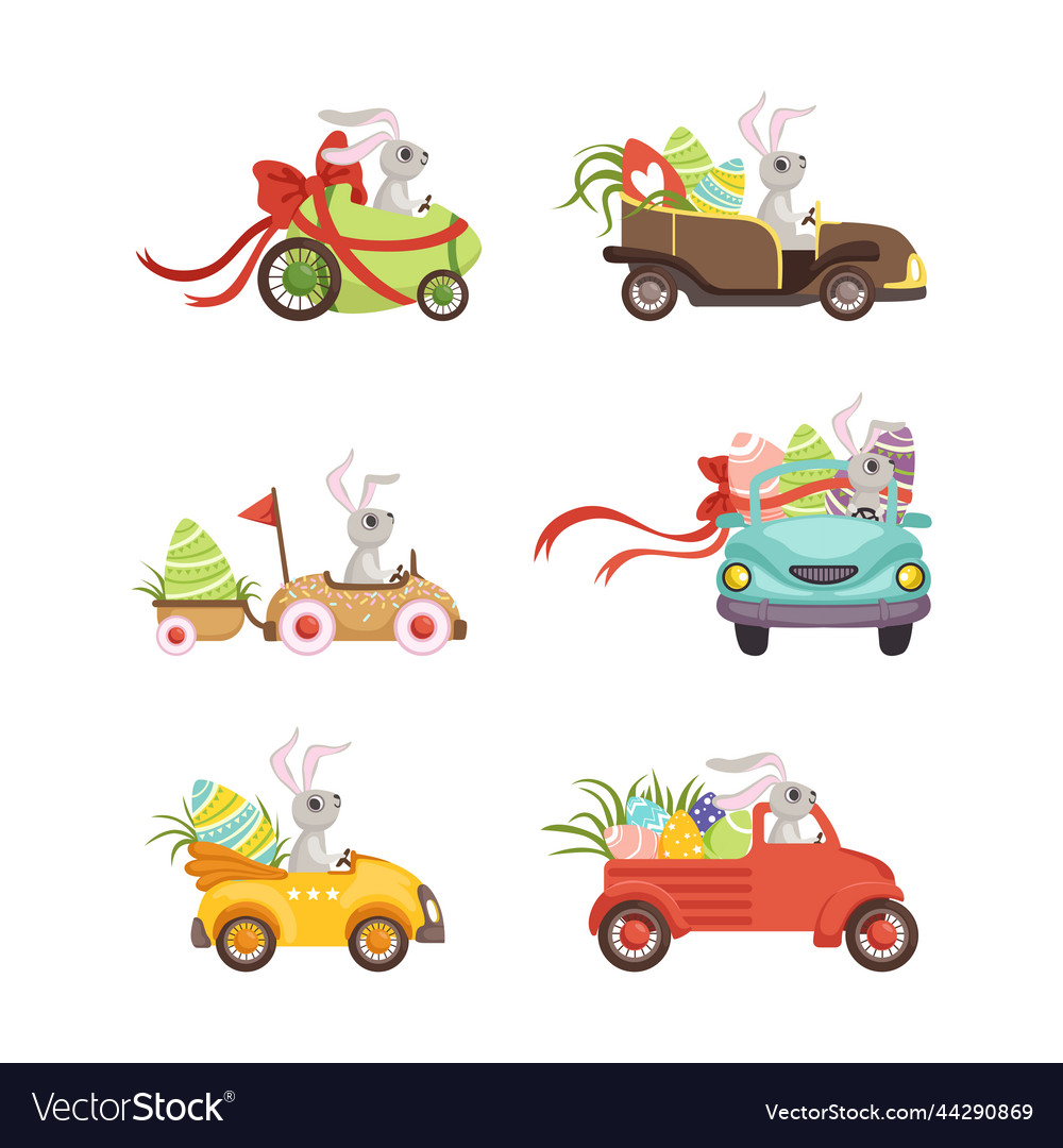 Cute hare with long ears driving retro car Vector Image