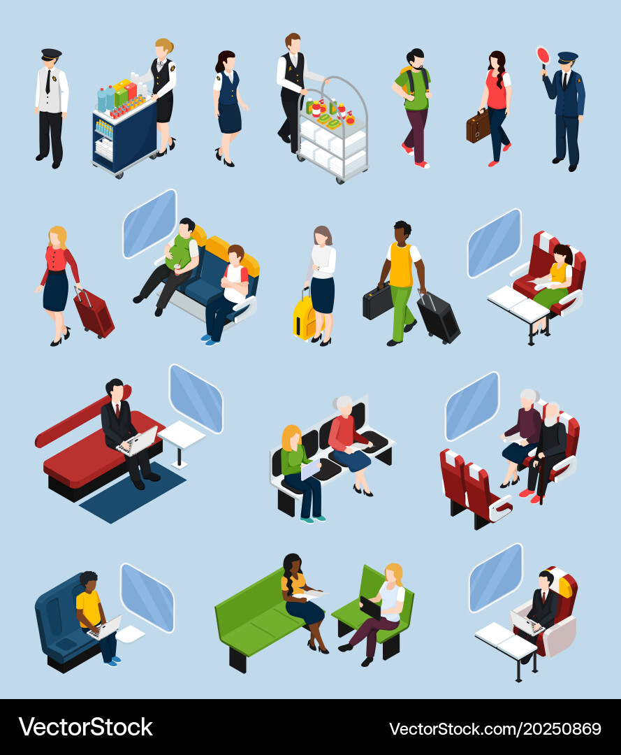 Train interior passengers isometric set Royalty Free Vector