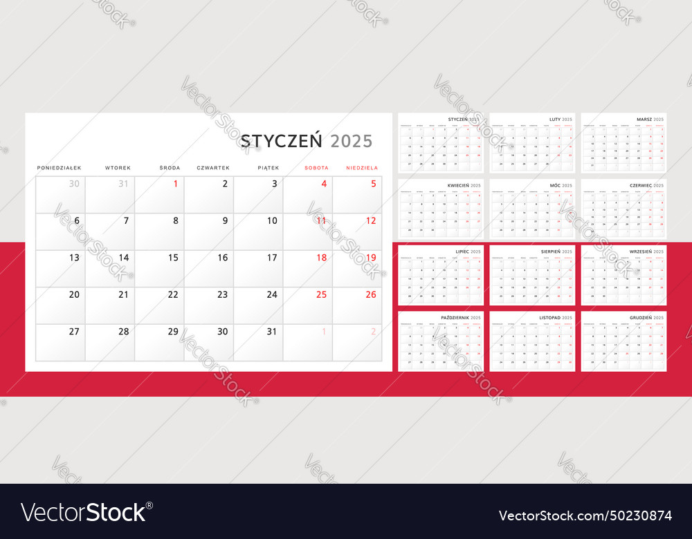 Calendar 2025 in polish language wall Royalty Free Vector