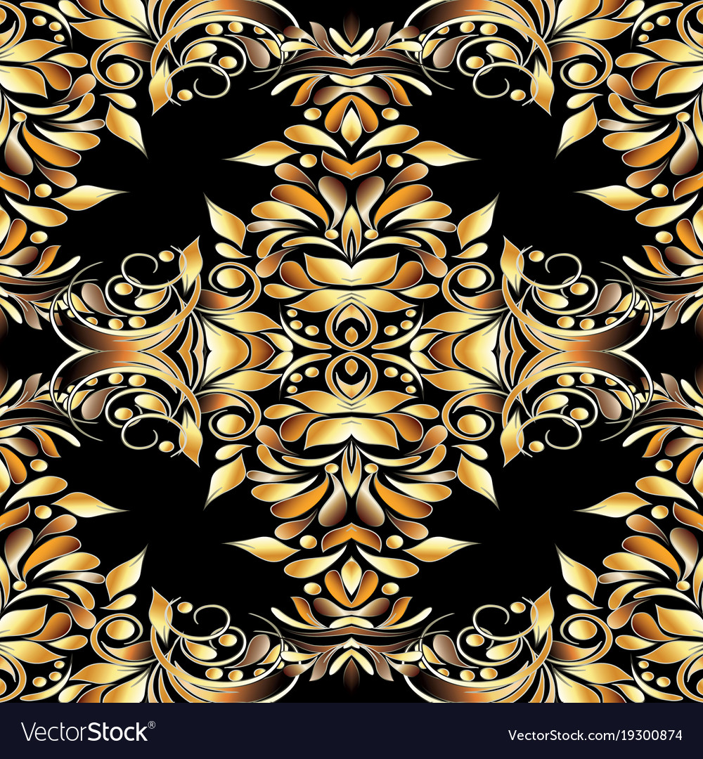 Gold vintage 3d floral seamless pattern black Vector Image