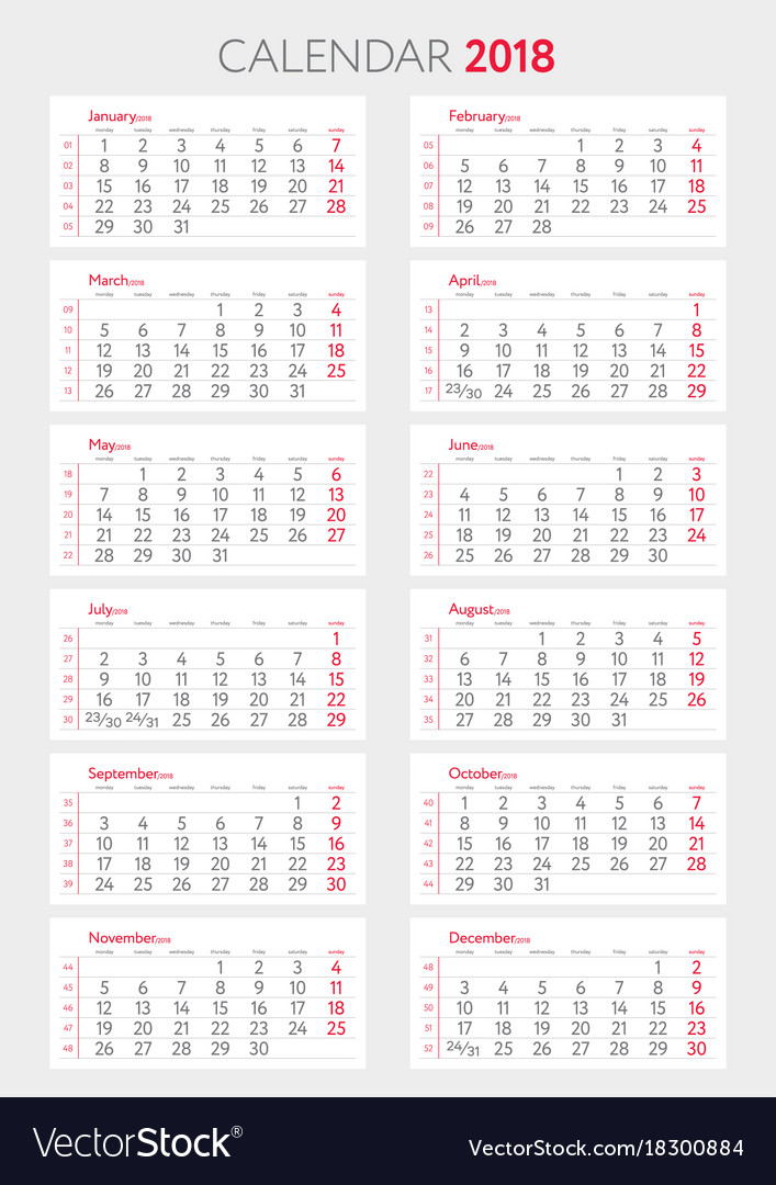 Calendar 2018 with weeks template starts monday Vector Image