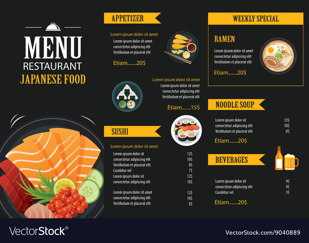 Japanese food menu restaurant brochure Royalty Free Vector