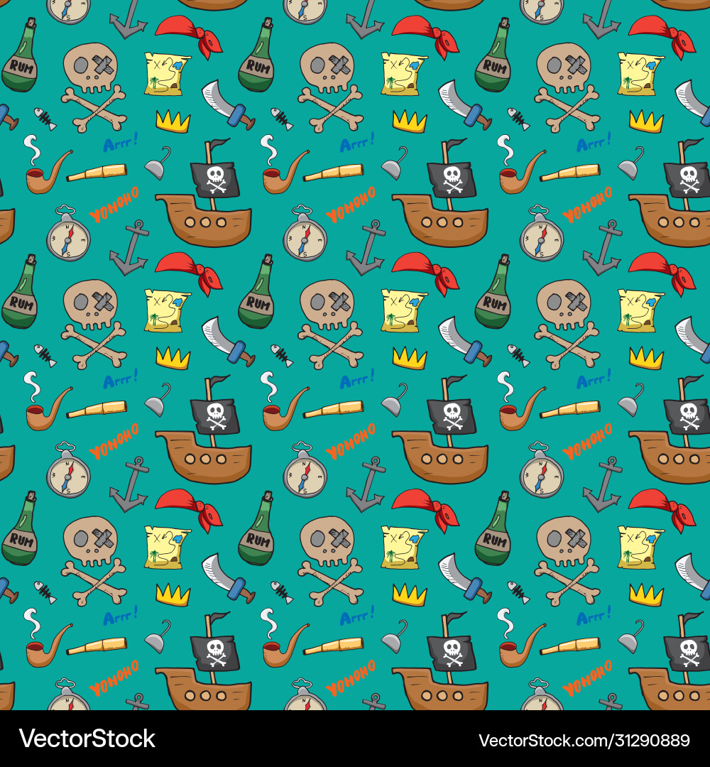 Pirate doodles seamless pattern cute items Vector Image