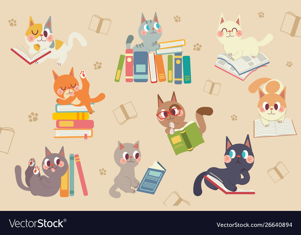 Cute cartoon cats character reading a book pack Vector Image