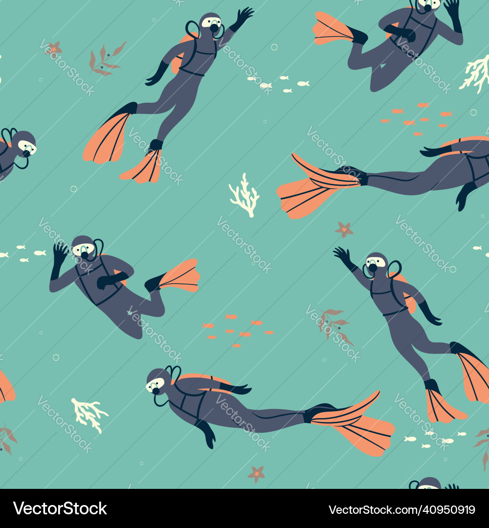 Seamless marine pattern with divers Royalty Free Vector