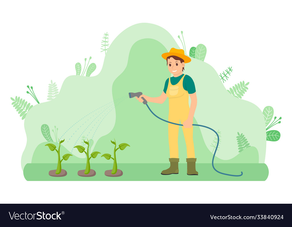 Gardener girl is watering plants using spray hose Vector Image