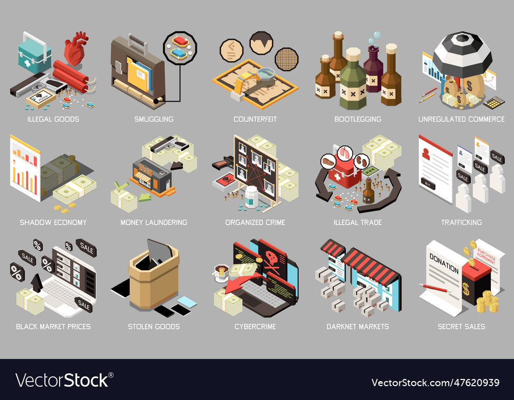 Black market isometric icon set Royalty Free Vector Image