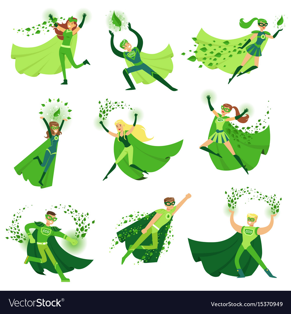 Eco superhero characters in action set young men Vector Image