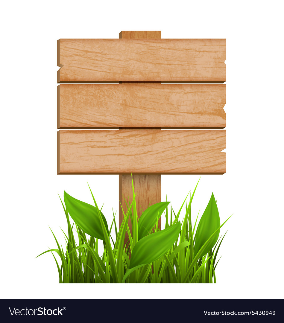 Wooden signpost with grass isolated on white