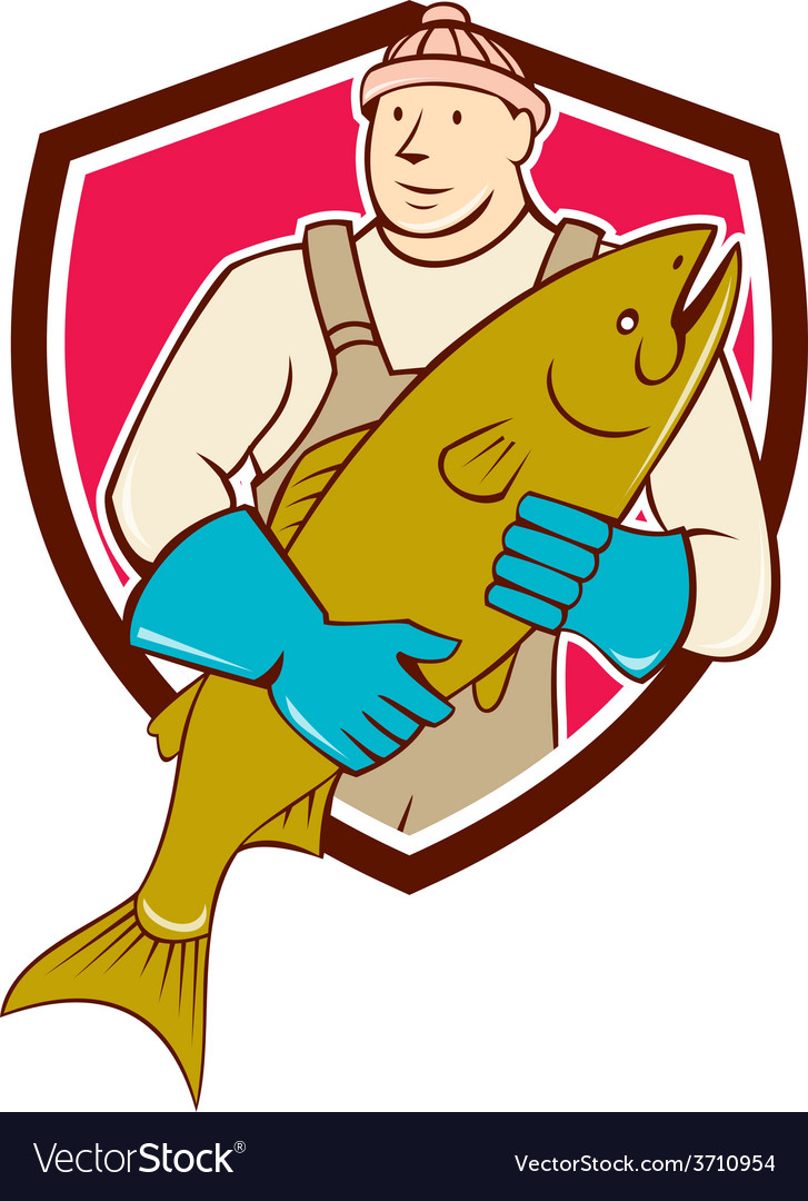 Fishmonger holding salmon fish shield cartoon