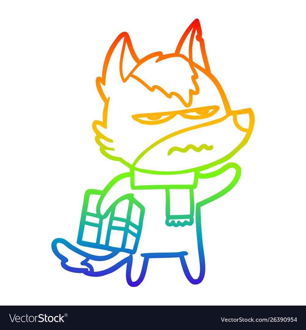 Rainbow gradient line drawing cartoon annoyed wolf