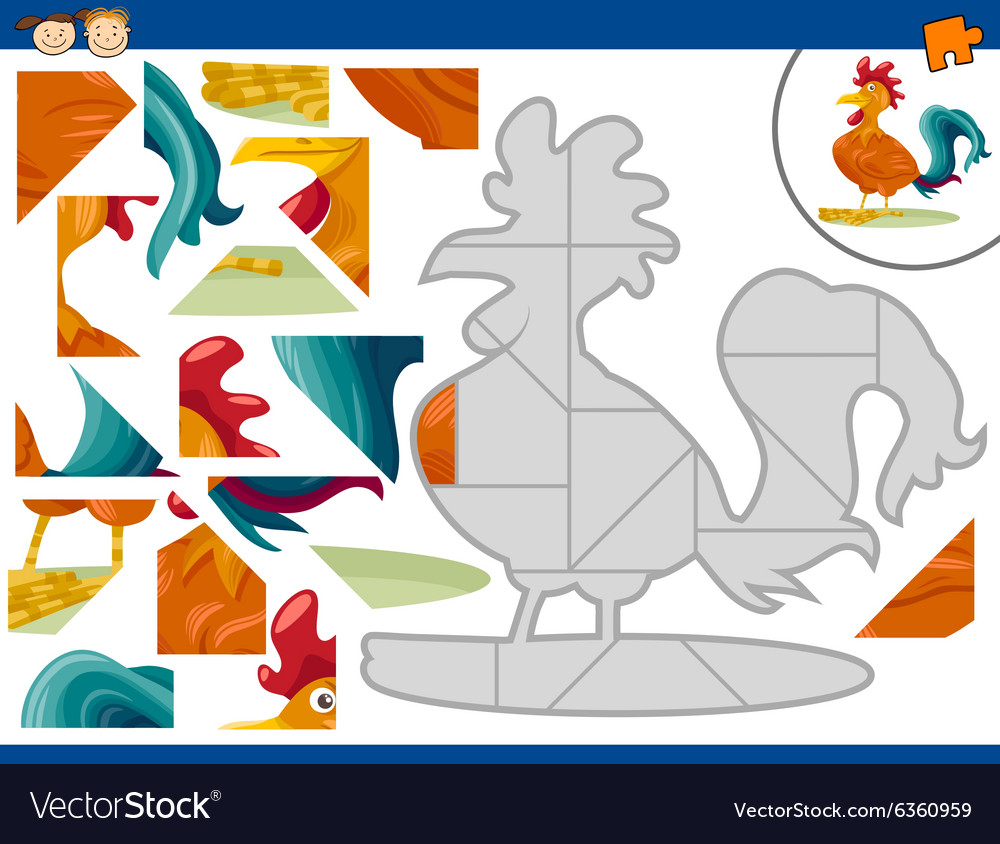 Cartoon rooster jigsaw puzzle task Royalty Free Vector Image