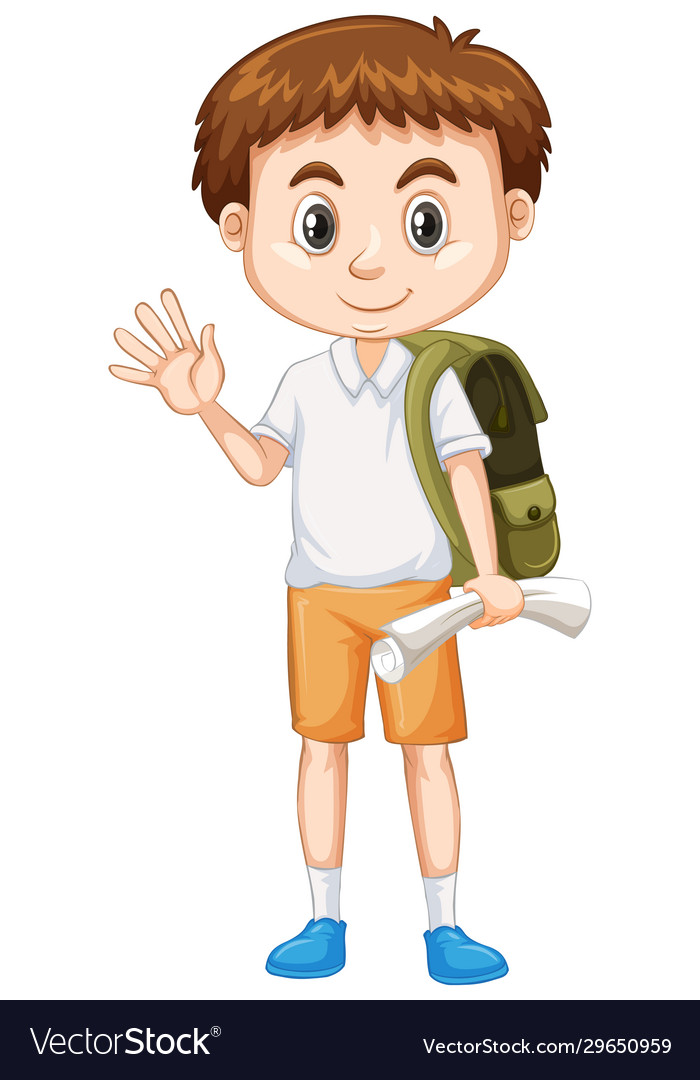 Cute boy with green backpack greeting on white Vector Image