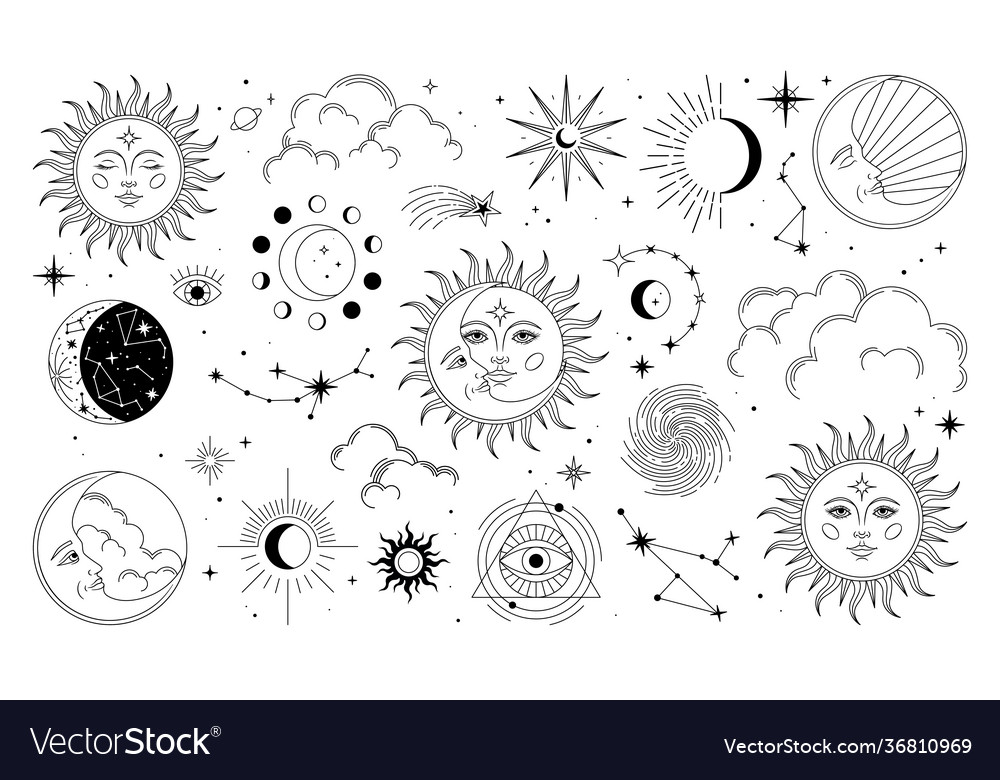 Set Sun Moon Stars Clouds Constellations Vector Image