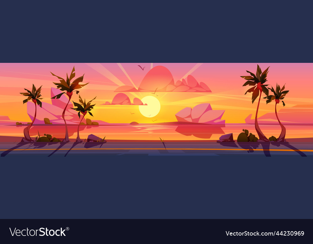 Tropical sunset coastal road cartoon Royalty Free Vector