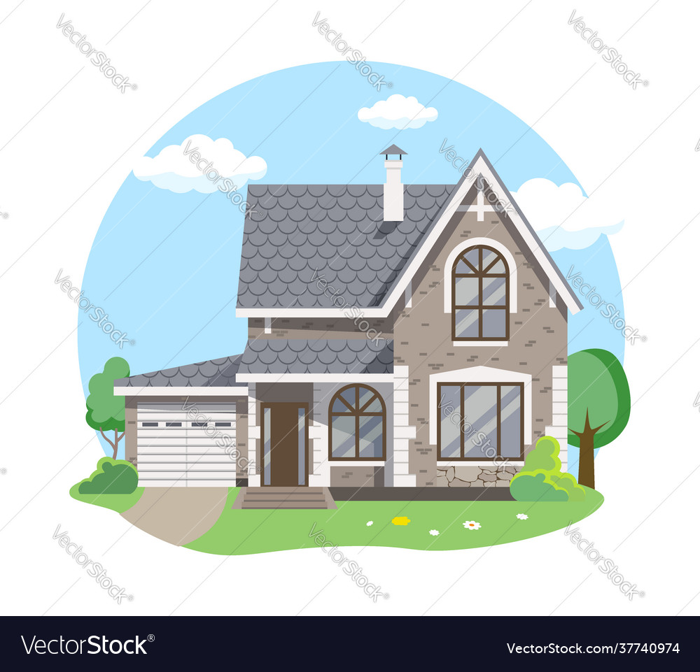 Cartoon house exterior with blue clouded sky front