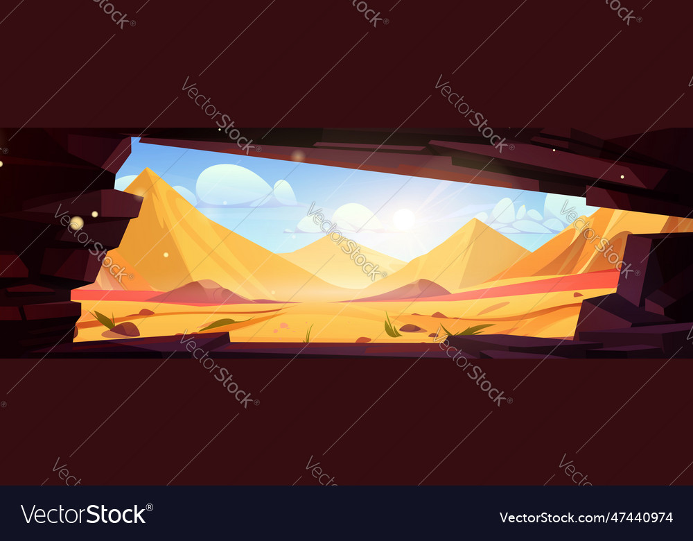 Sandy desert with ancient pyramids view from cave Vector Image