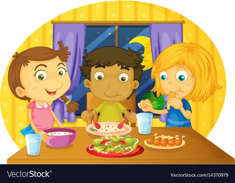 three-kids-having-meal-on-the-table-royalty-free-vector