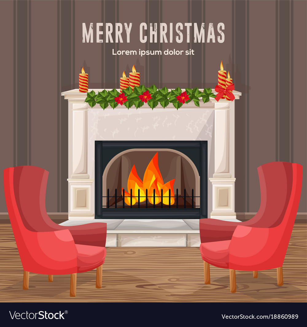 Merry Christmas Card Winter Fireplace Chimney Vector Image