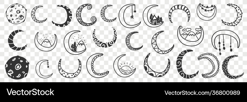 Natural moons pattern doodle set Royalty Free Vector Image