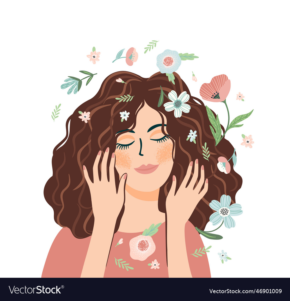 Portrait of cute girl with flowers self care Vector Image