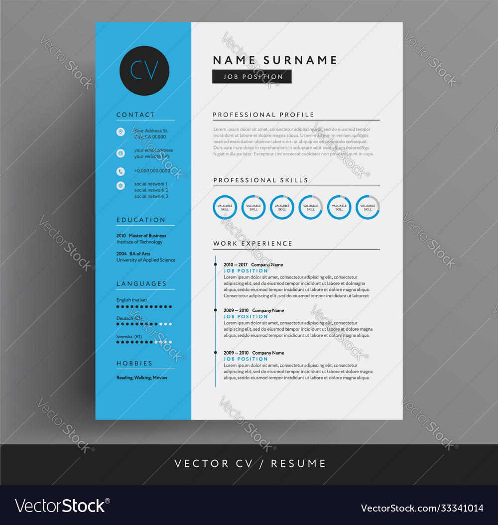 Cv resume design template blue color minimalist Vector Image