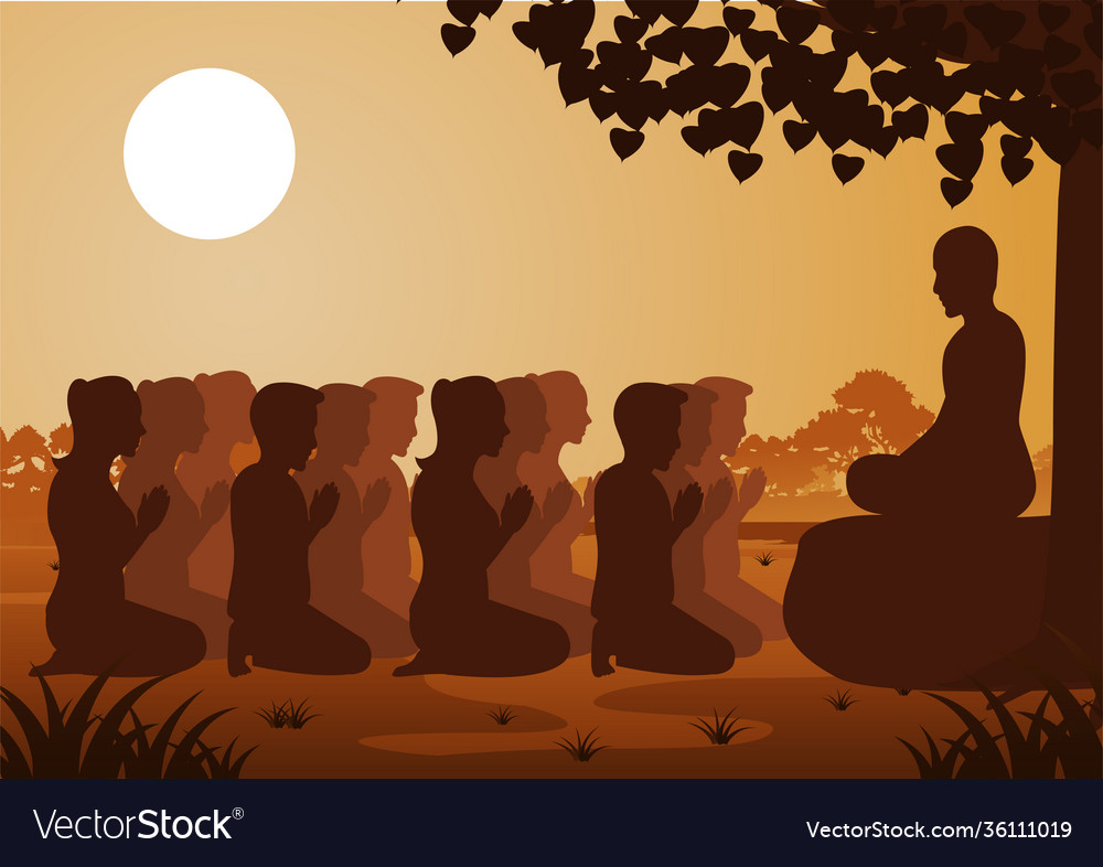Buddhist women and men pay respect to monk Vector Image