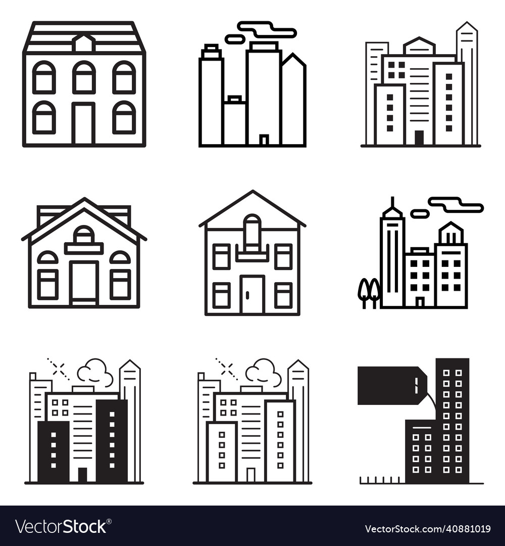 City buildings flat icon set isolated Royalty Free Vector