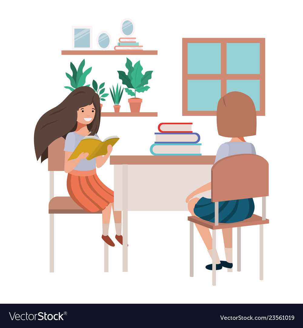 Girls Sitting In School Desk Avatar Character Vector Image