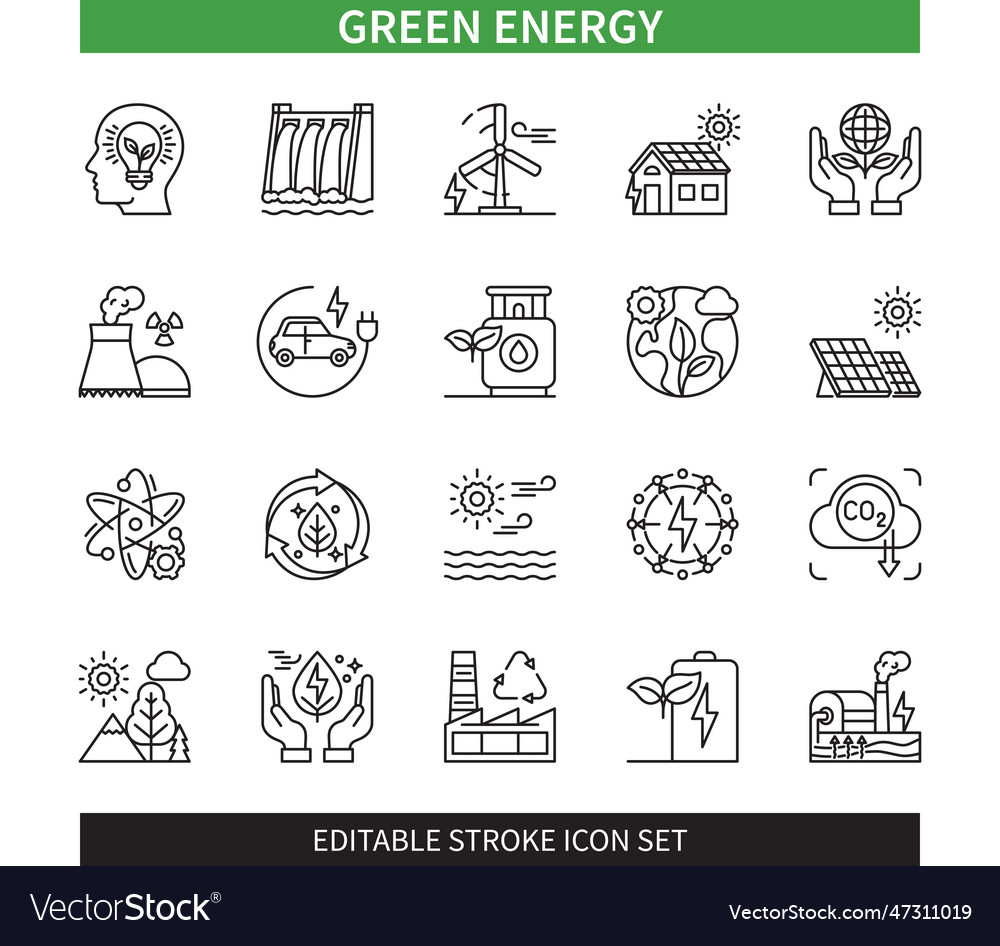 Green energy editable stroke icon set Royalty Free Vector