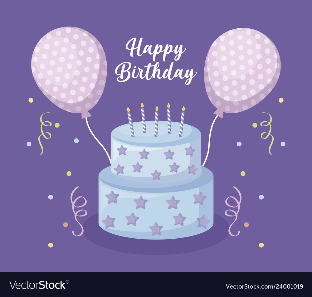 Happy birthday card with sweet cake and balloons