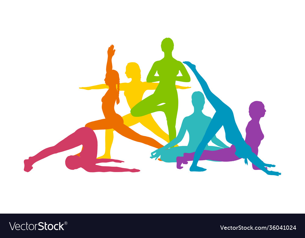 Rainbow yoga asanas colored silhouettes Royalty Free Vector