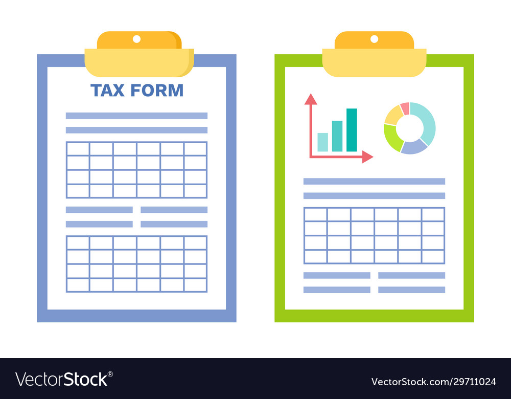 Tax form and infographics stats on clipboard set