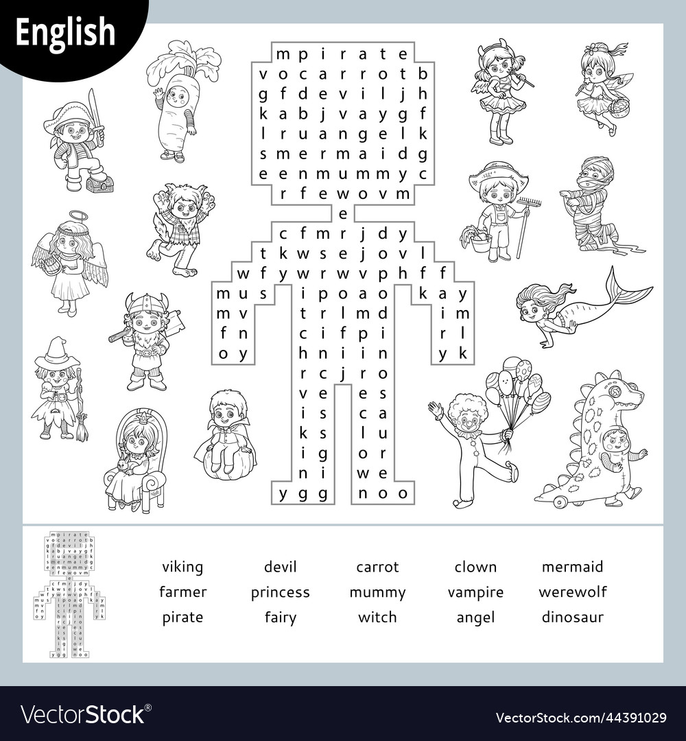 Word Search Puzzle Cartoon Characters Halloween Vector Image