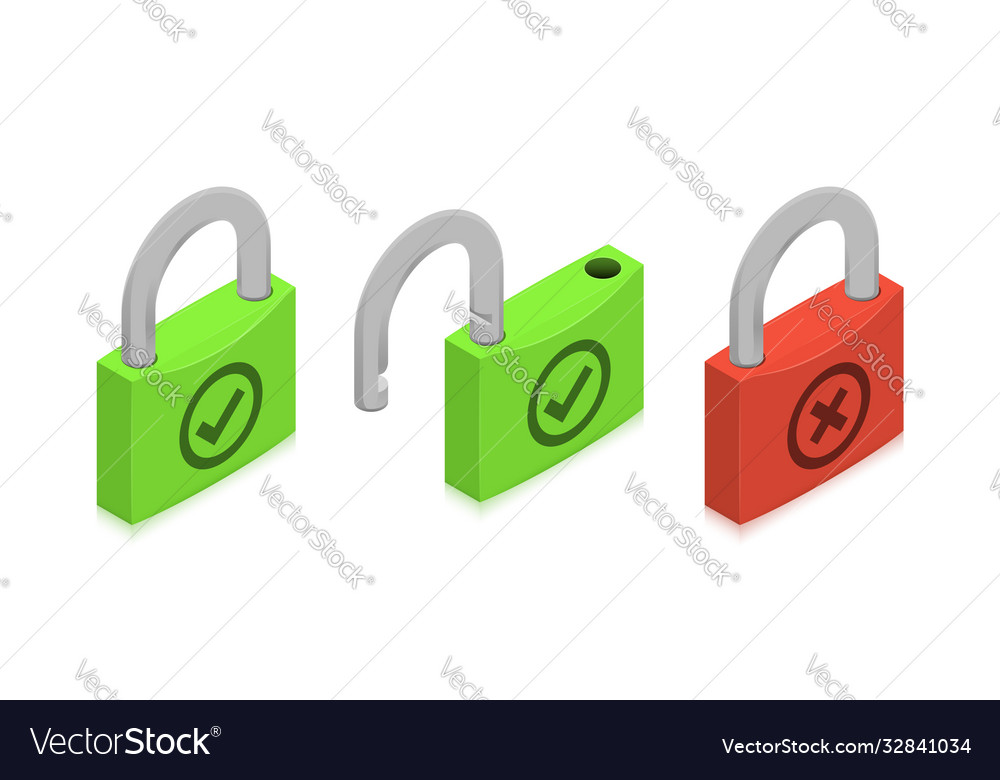 Closed and open locks with check and cross Vector Image