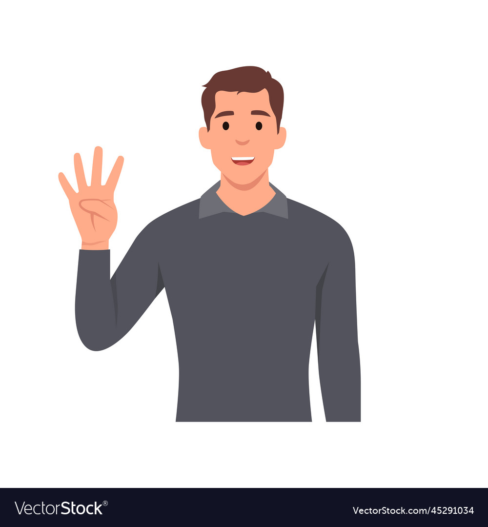 Man raise his hand to show the count number 4 Vector Image