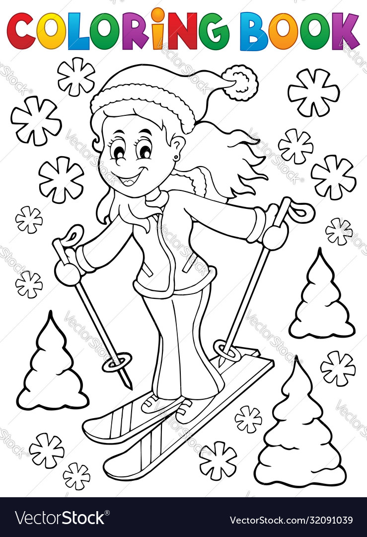 Coloring book skiing woman theme 1 Royalty Free Vector Image