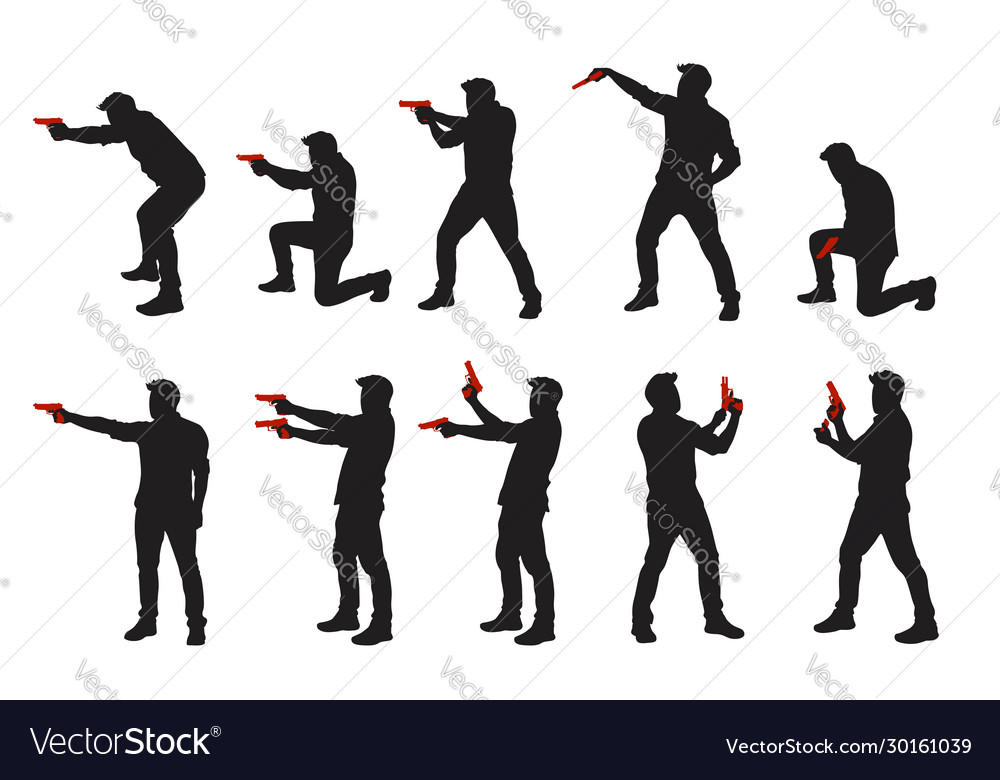 Two color men with gun silhouettes set Royalty Free Vector