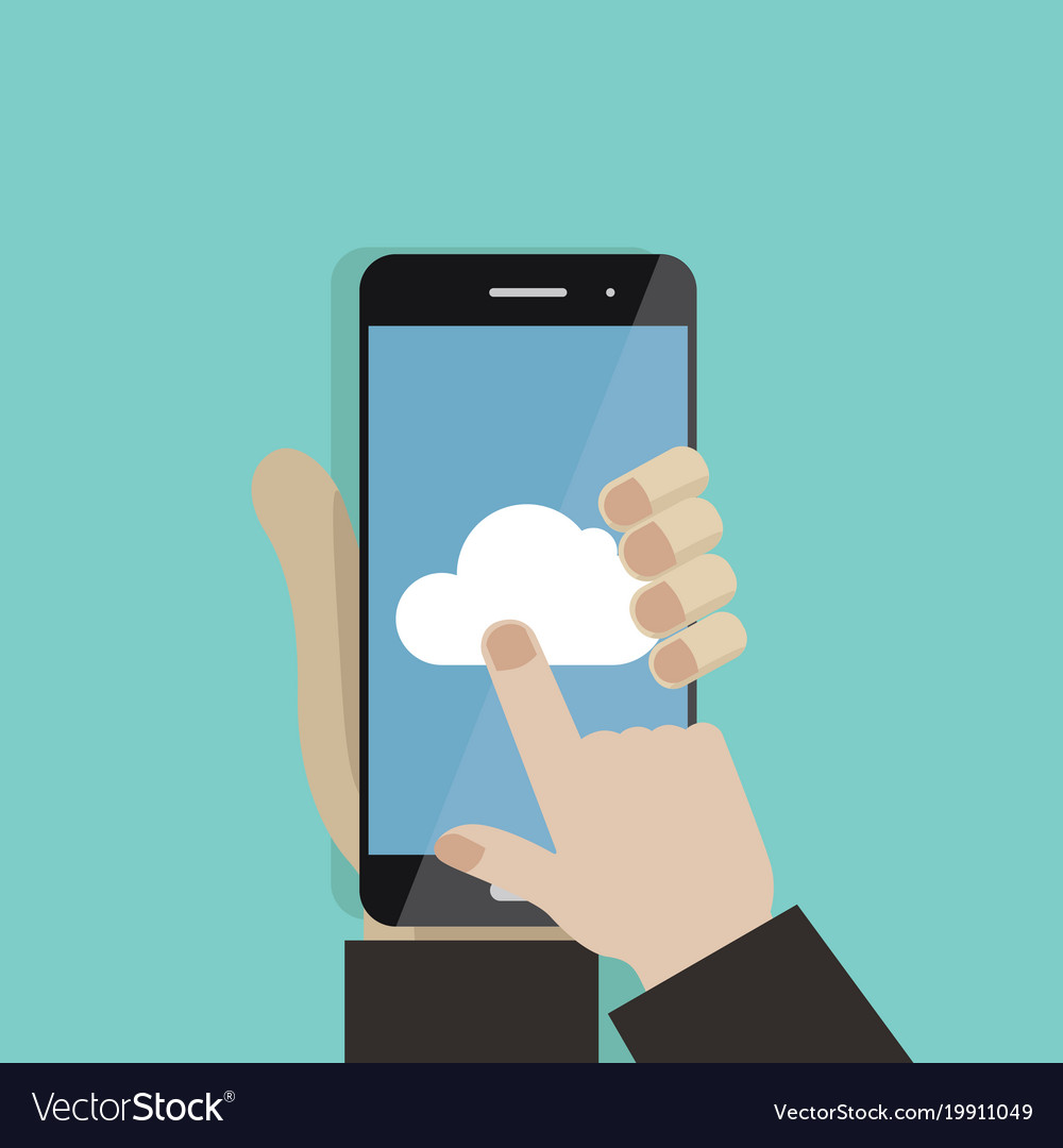 hand holding smartphone finger touching screen vector image