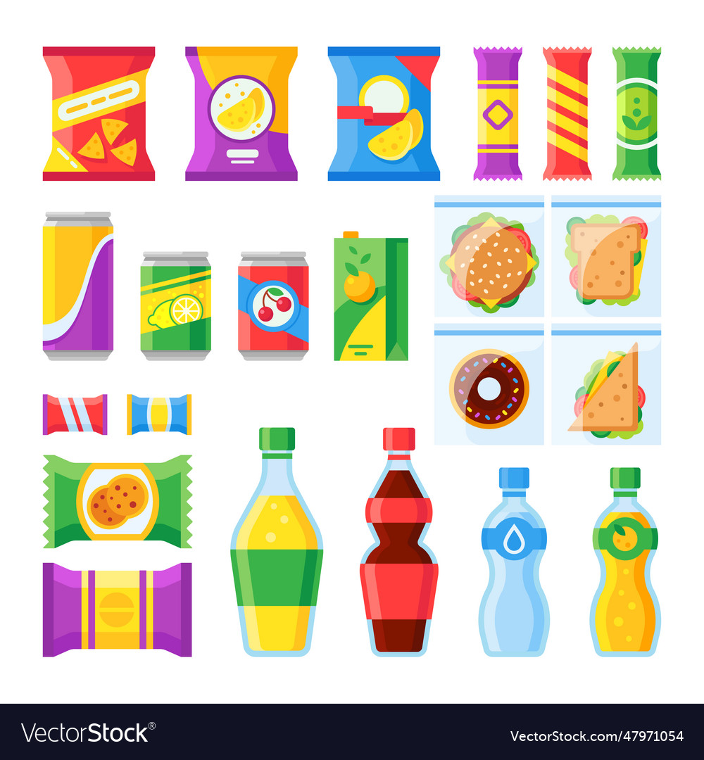 Vending products snacks chips sandwich and drinks Vector Image