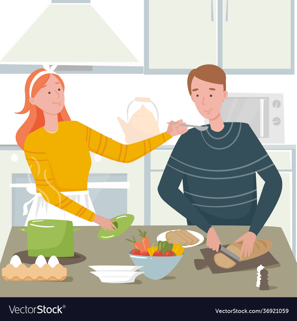 Husband and wife are preparing dinner Royalty Free Vector