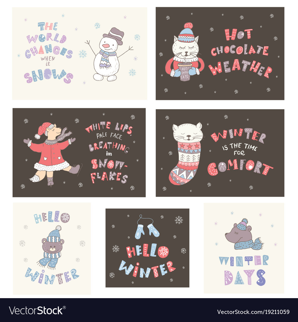 Set of winter postcards with quotes and phrases