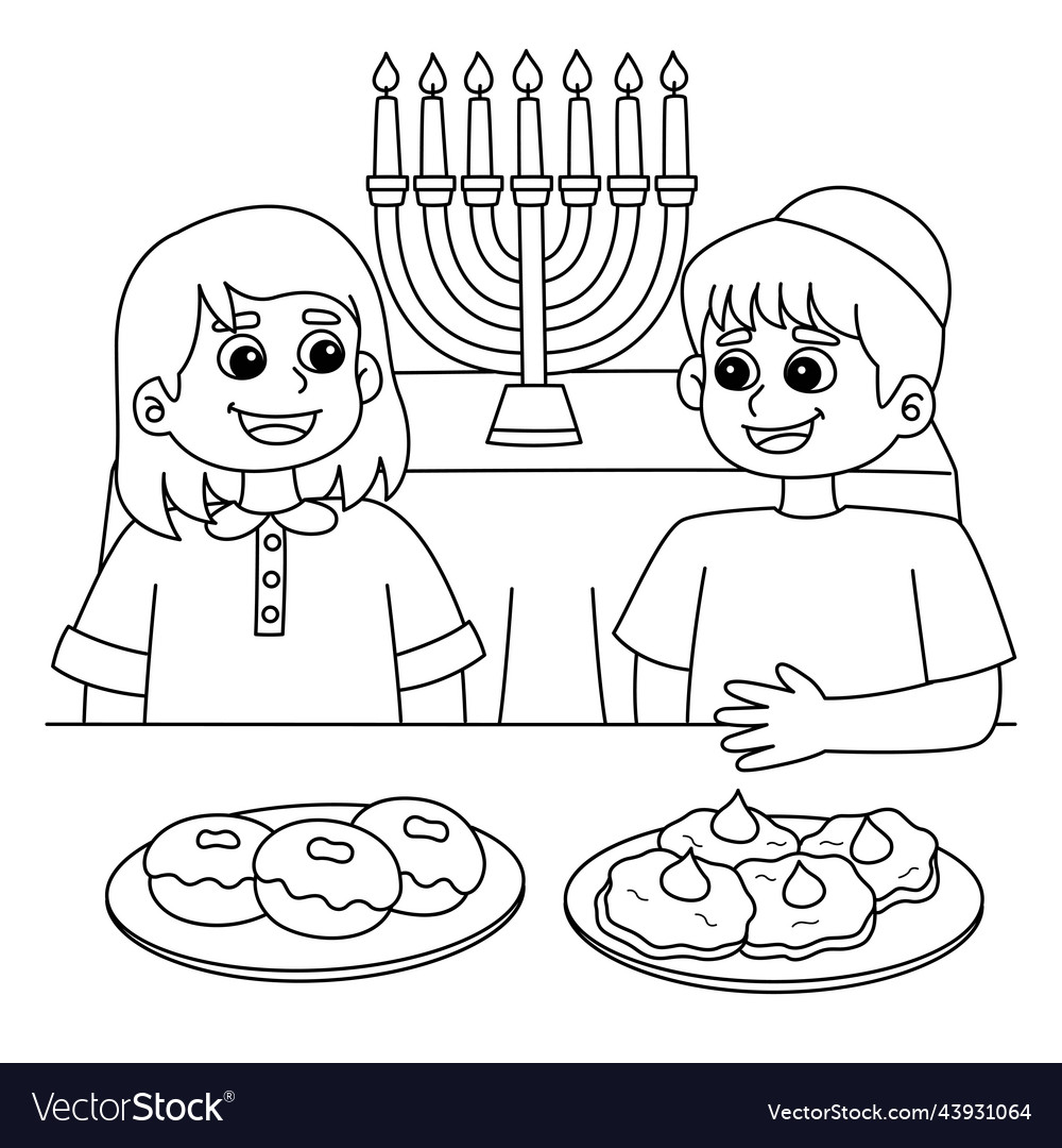 Hanukkah boy and girl feasting coloring page Vector Image