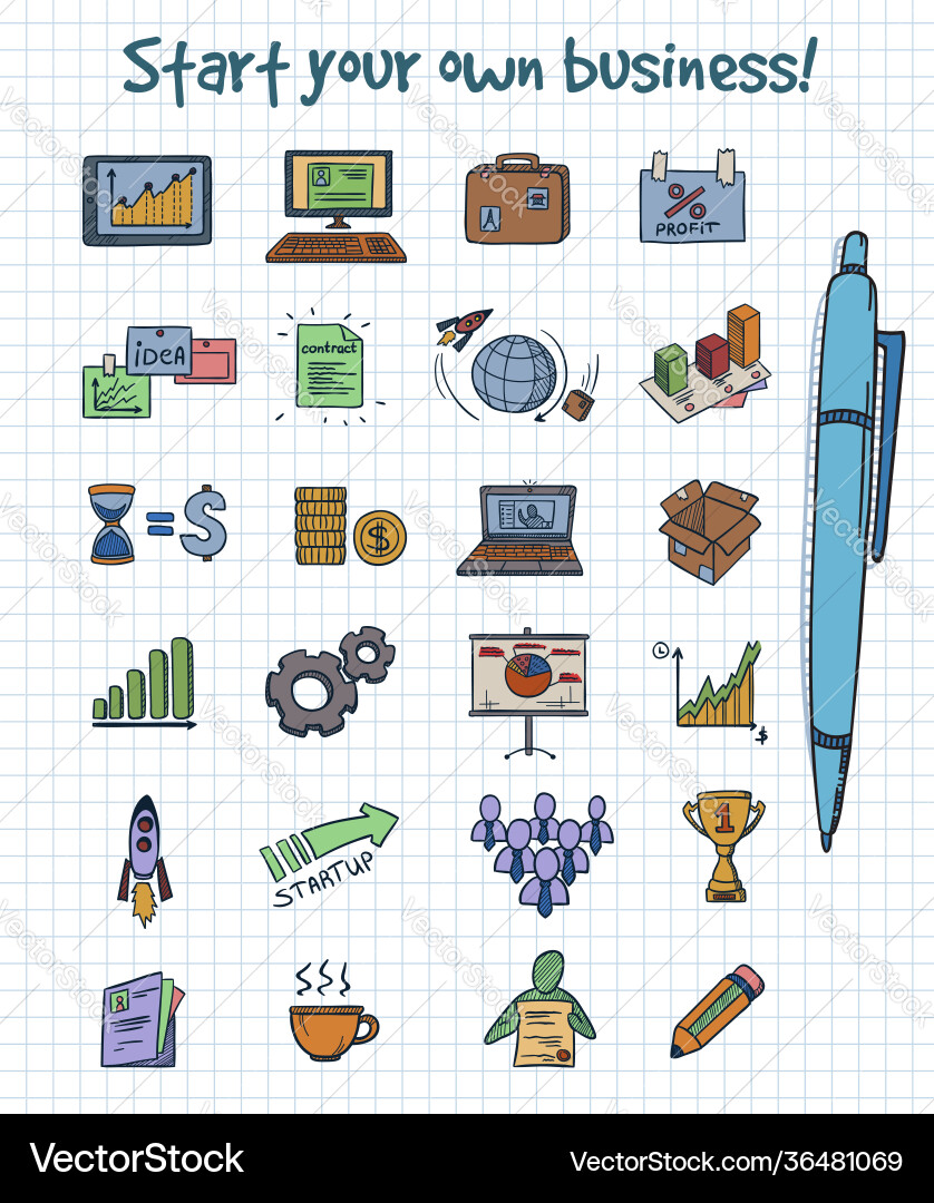 Colored doodle business start elements concept Vector Image