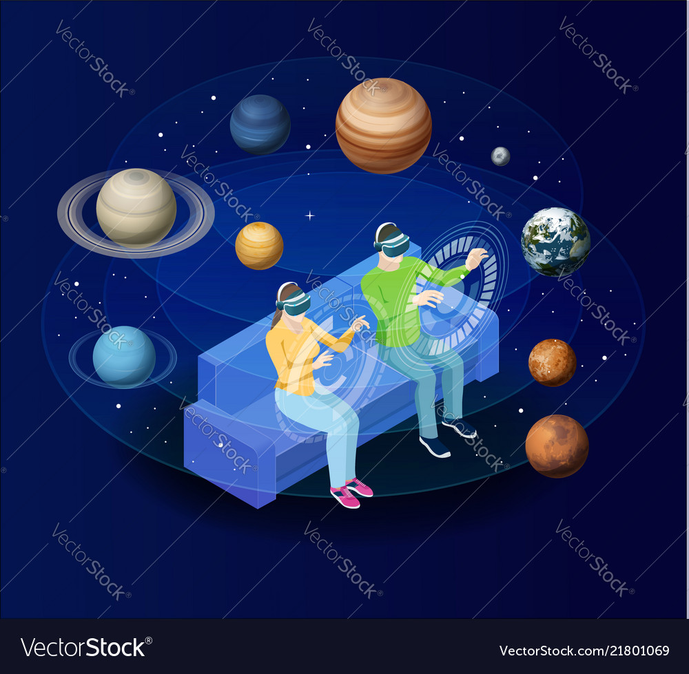 Isometric Man In Virtual Reality Glasses Looks At Vector Image 5143