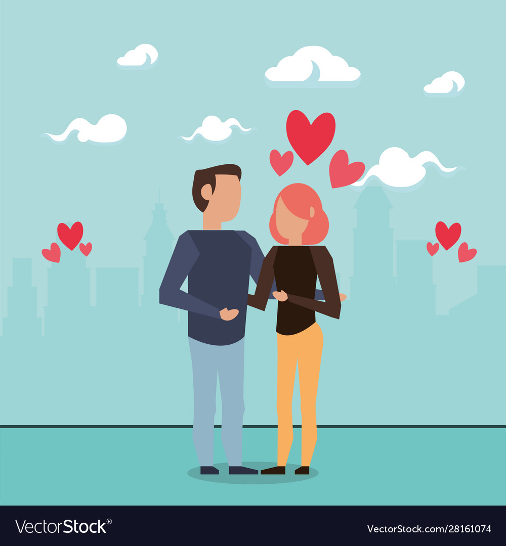 Cute lovers couple characters with hearts Vector Image